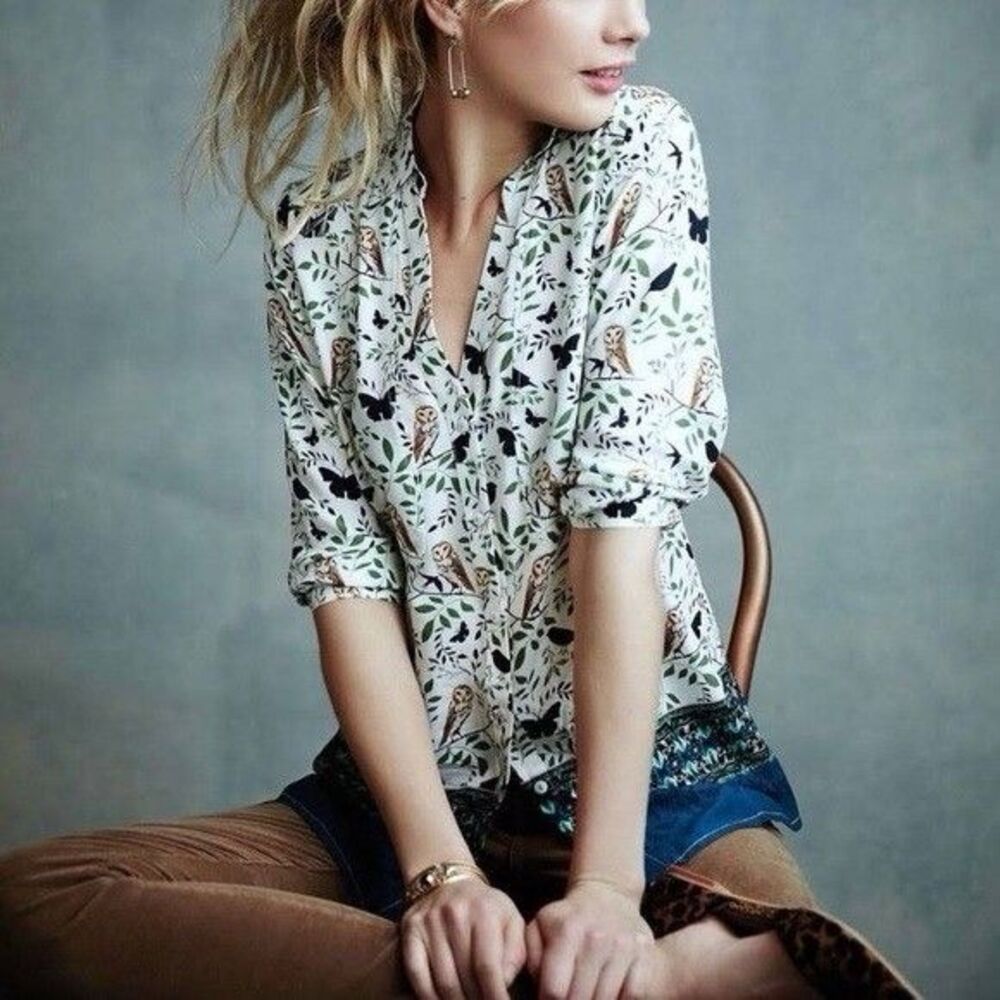 Maeve Anthropologie Women’s Top 2‎ Multi Button Owl Print Woodland Walk Blouse